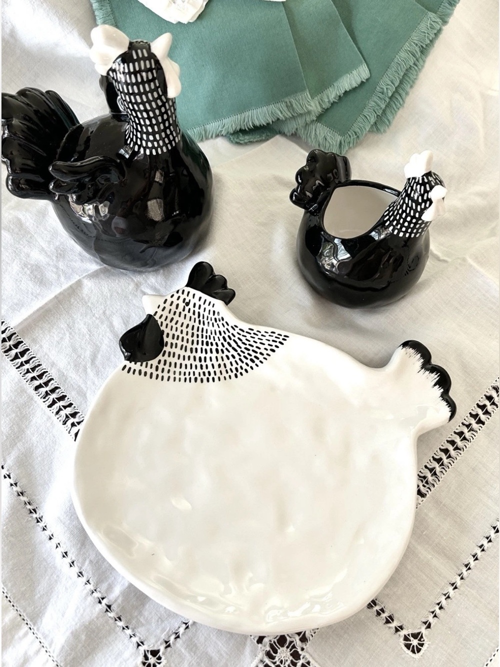 Ceramic Novelty Chickens Set Plate & Two Figurines Black/White SET OF 3